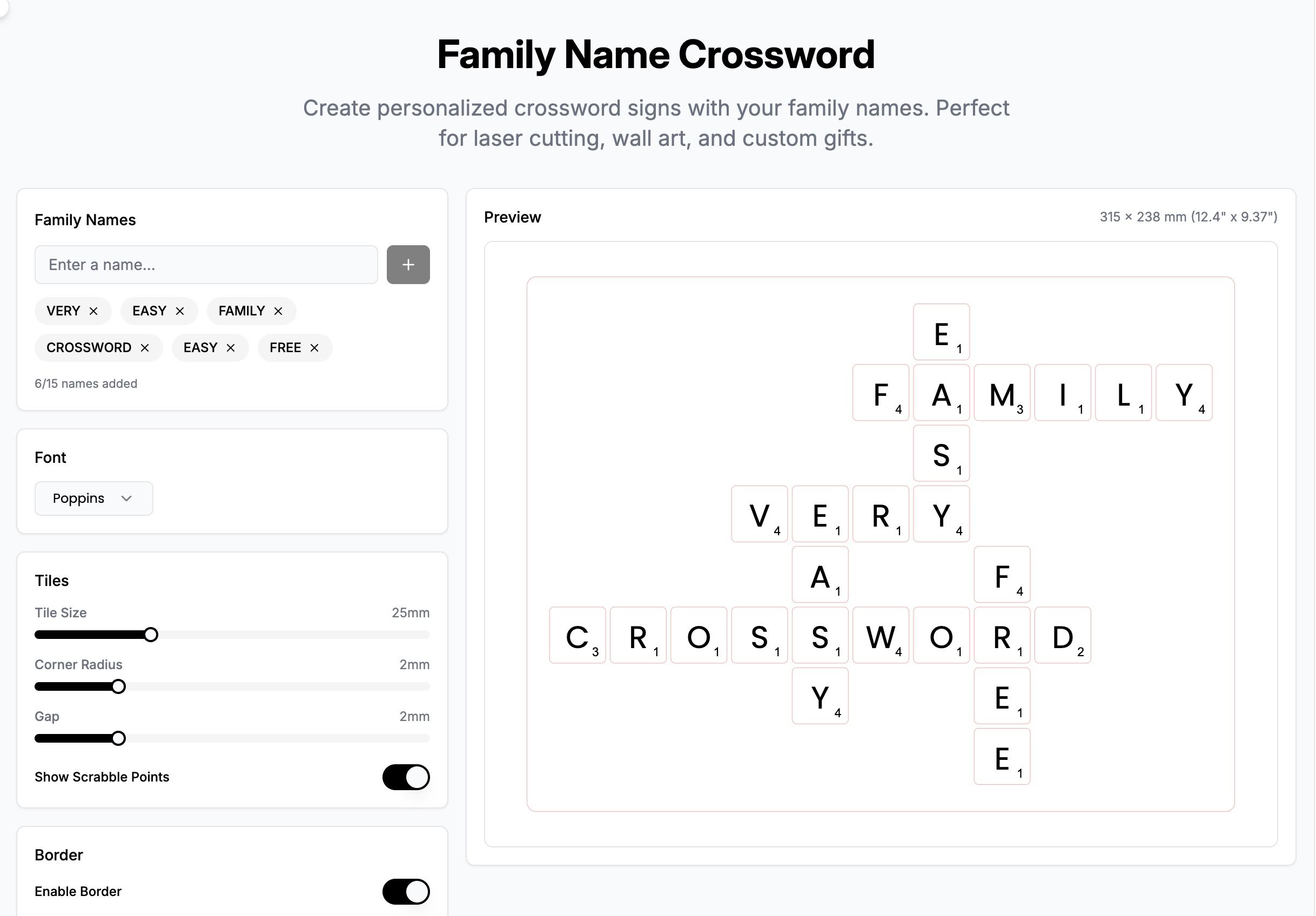 Narzędzie Family Crossword do projektów cięcia i grawerowania laserowego | VectorWitch