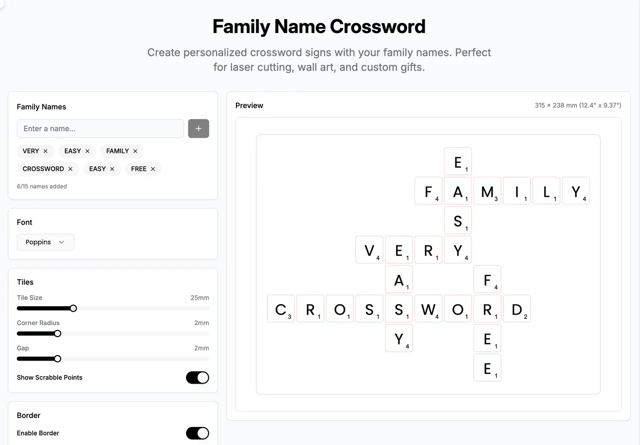Family Crossword Tool for Laser Cut and Engraving Designs | VectorWitch