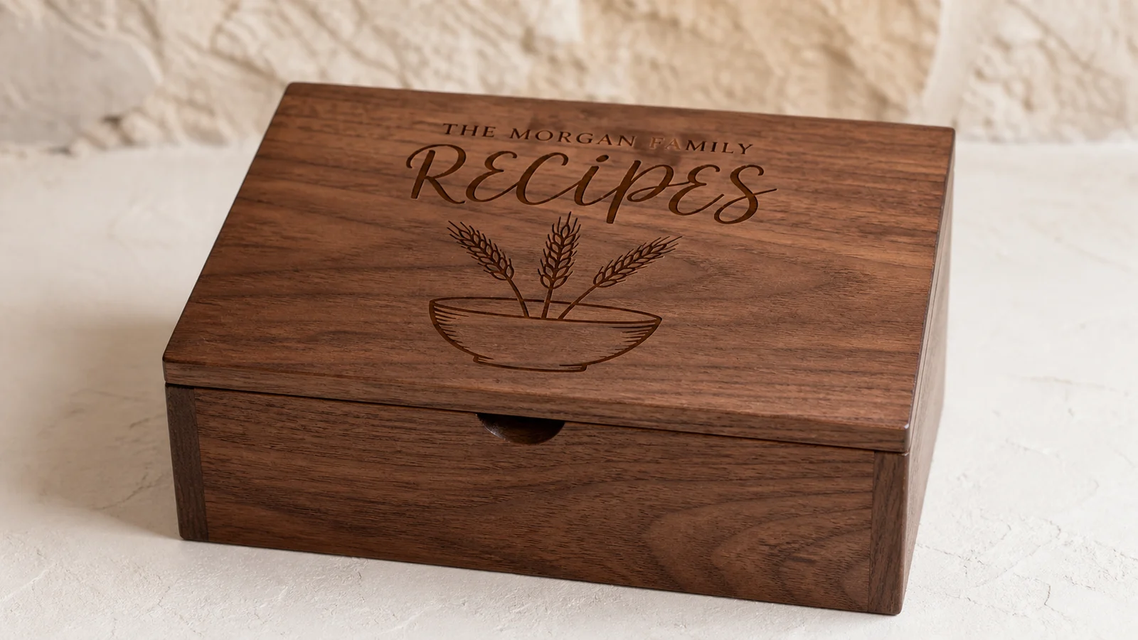 Personalized family recipe box laser engraved on walnut