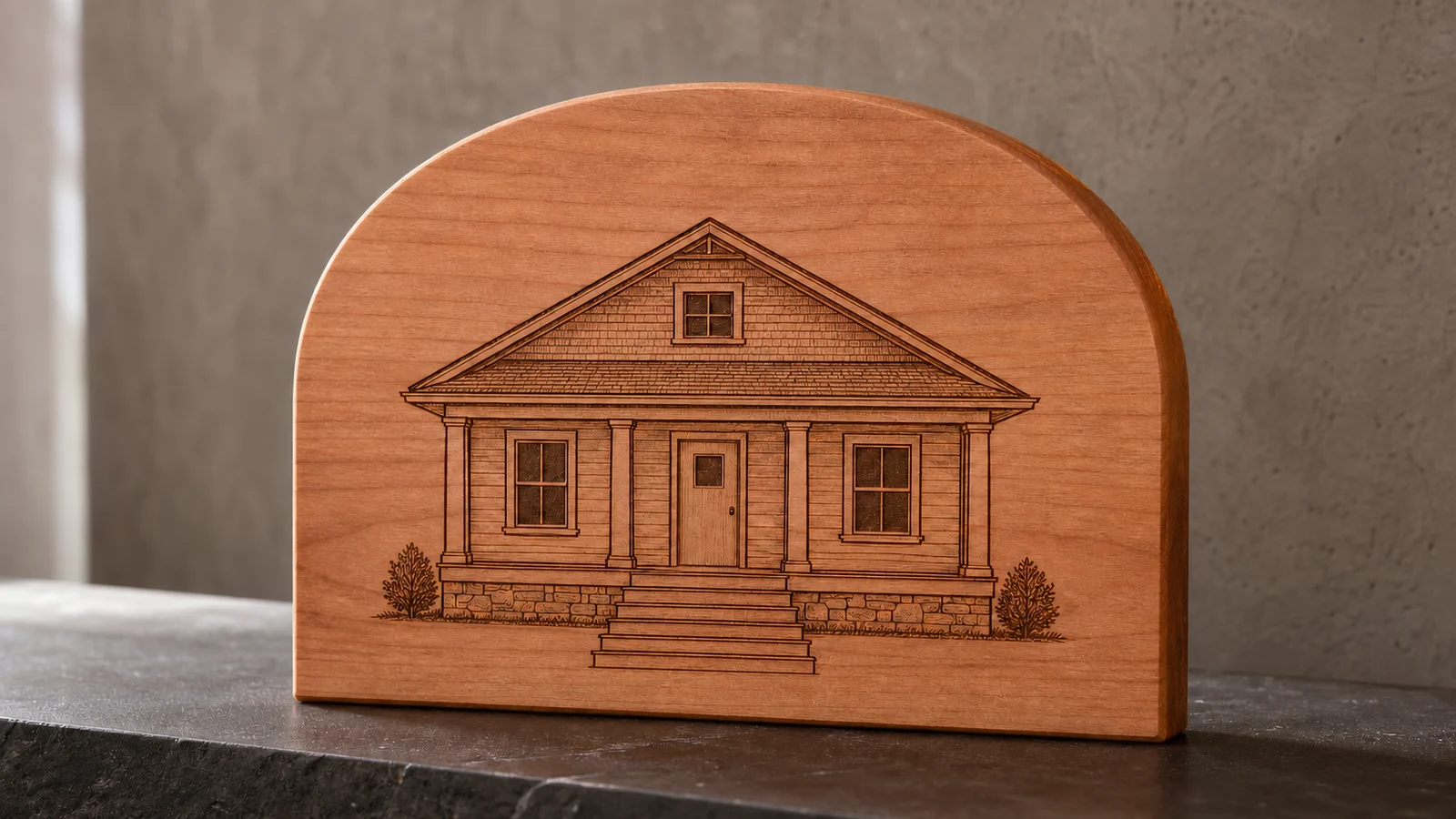 Detailed architectural house portrait laser engraved on cherry wood
