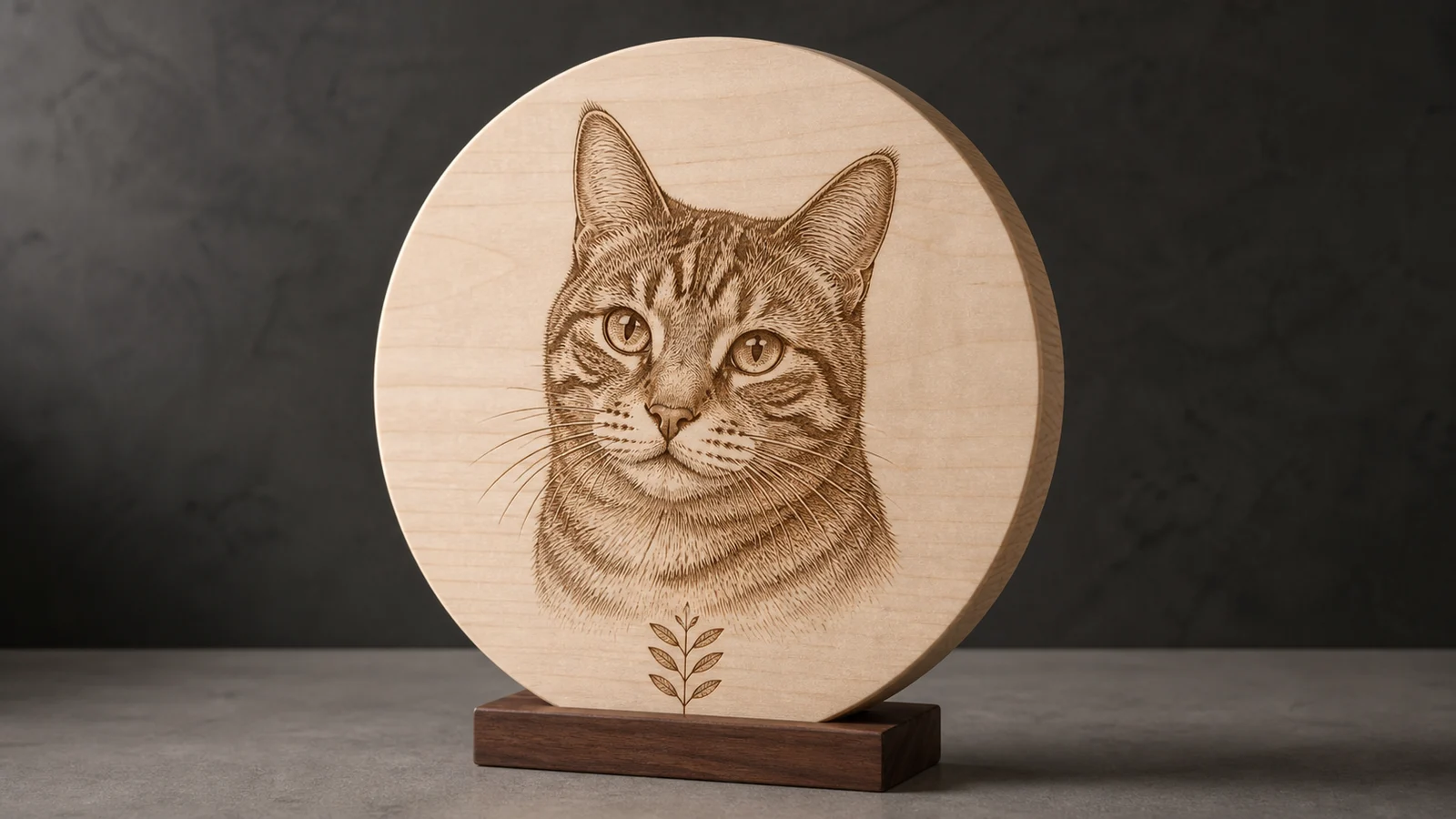 Detailed tabby cat portrait laser engraved on maple