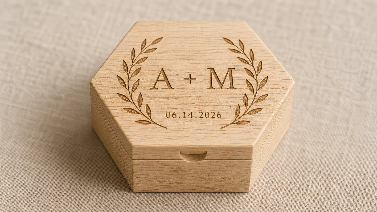 Personalized wedding ring box laser engraved on white oak