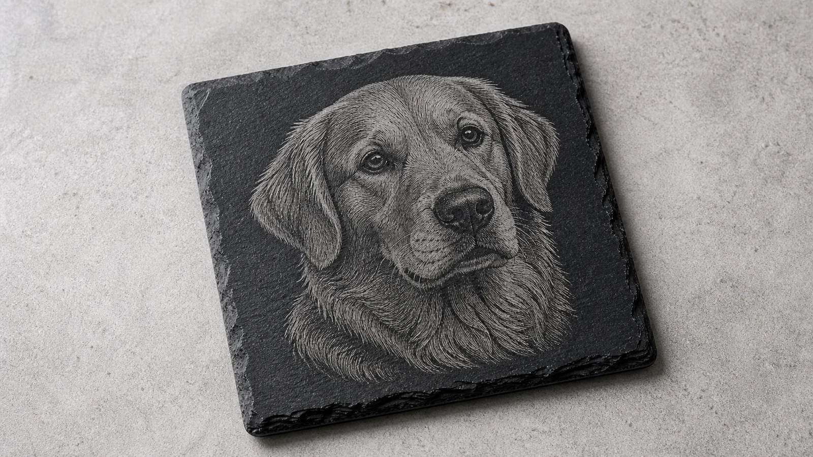 Golden Retriever portrait laser engraved on a slate coaster