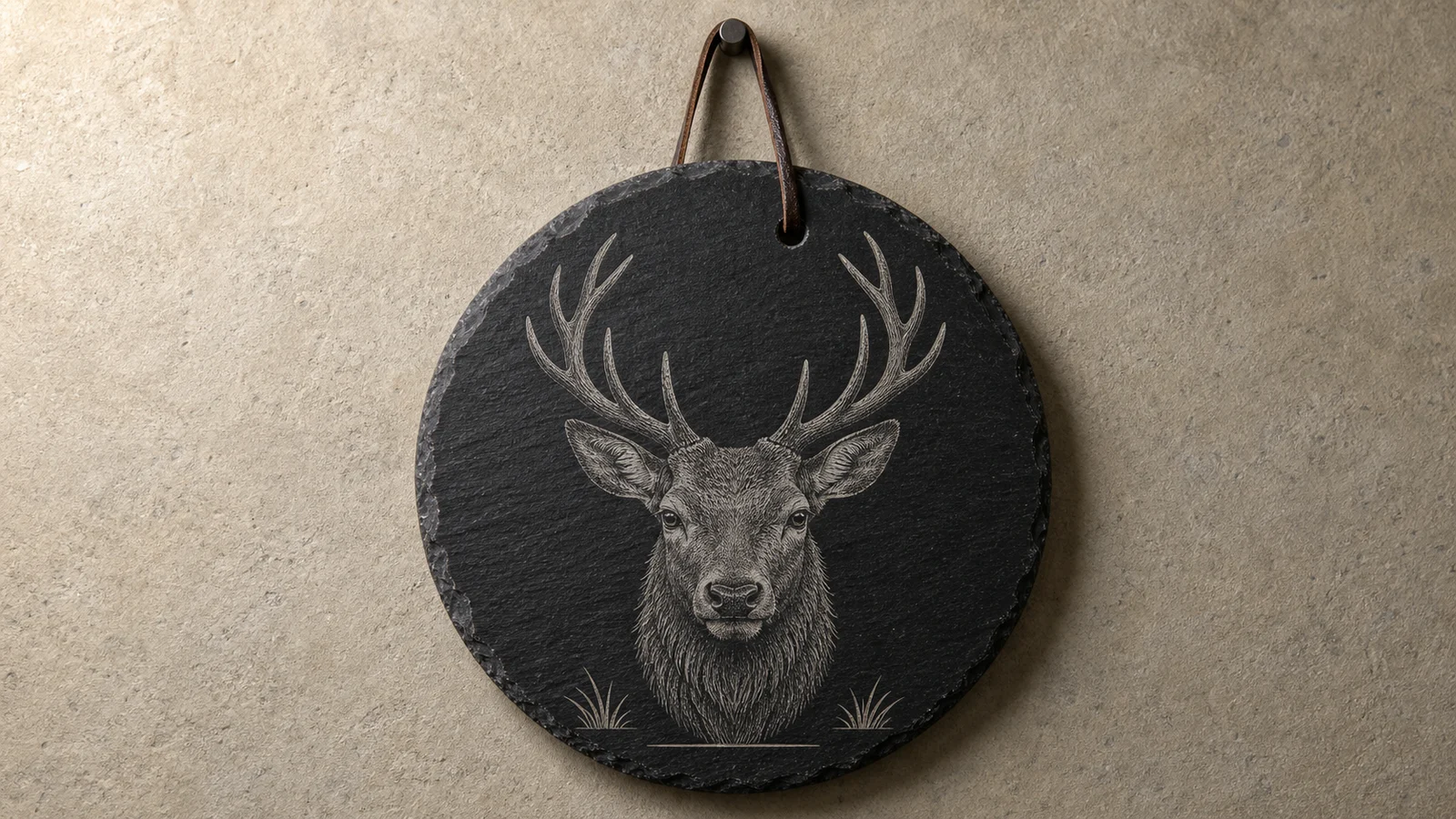 Detailed red deer stag laser engraved on a round slate wall plaque