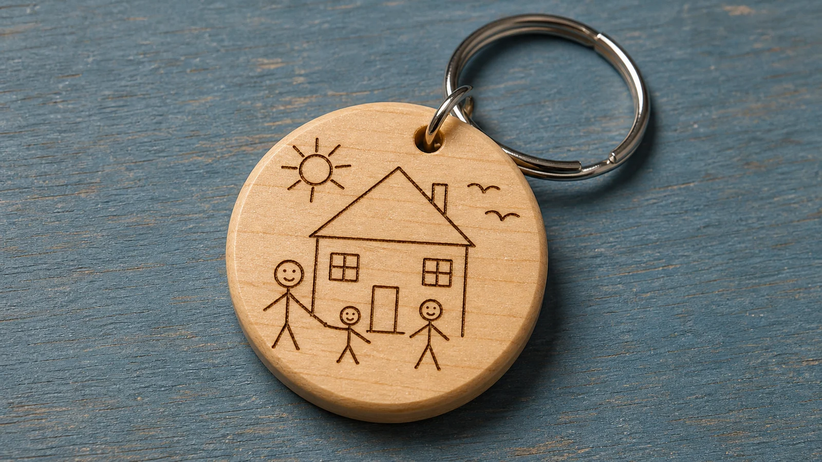 Child family drawing laser engraved on a round maple keychain