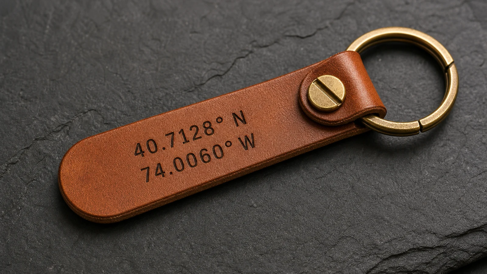 Geographic coordinates laser engraved on a leather key fob
