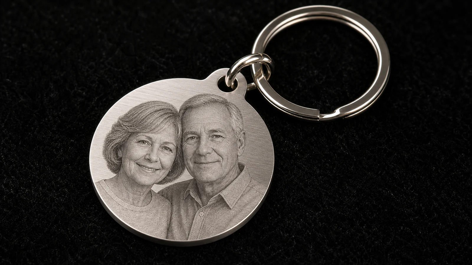 Couple photo portrait laser marked on a stainless-steel keychain