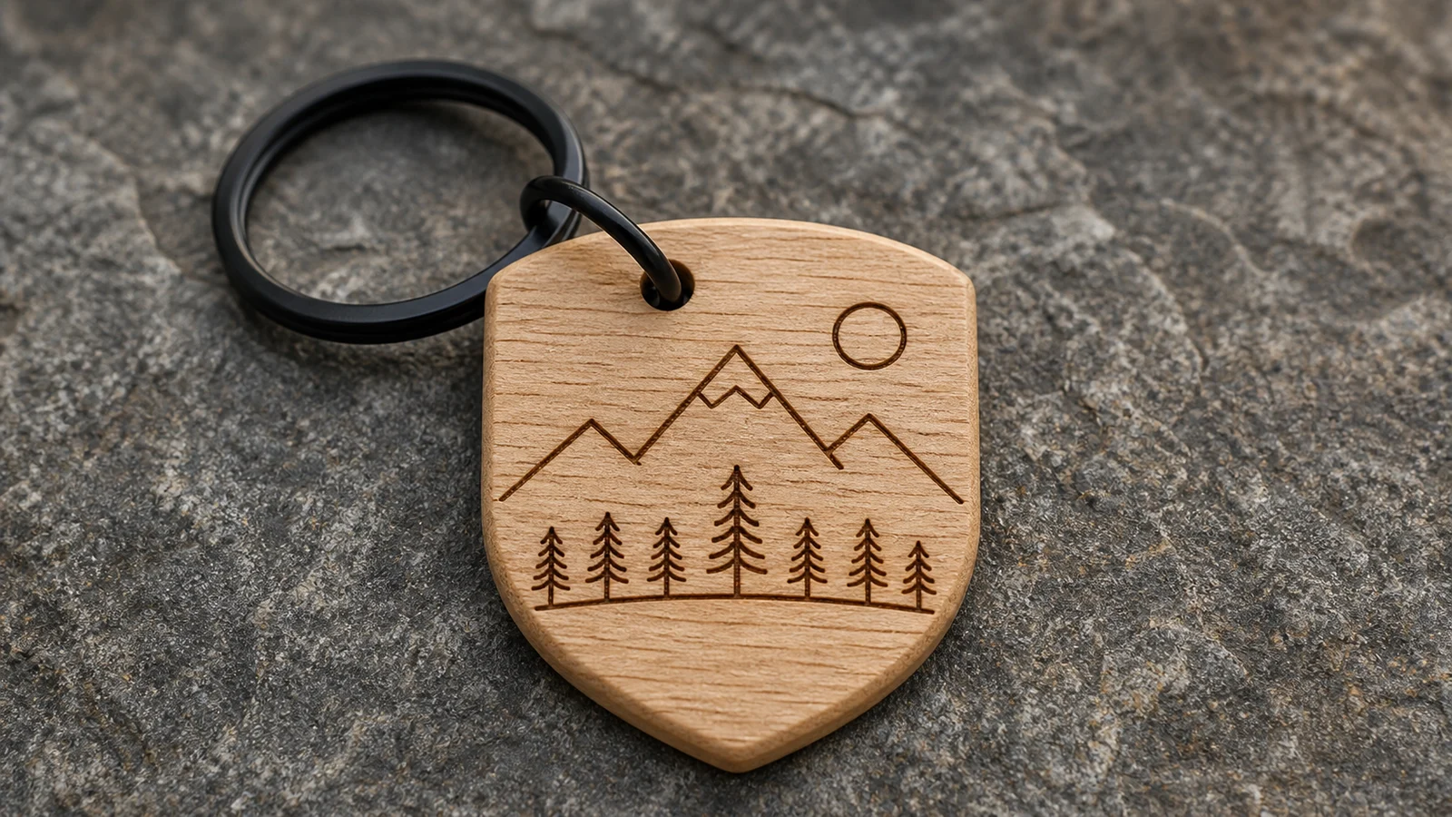 Mountain and evergreen scene laser engraved on an oak keychain