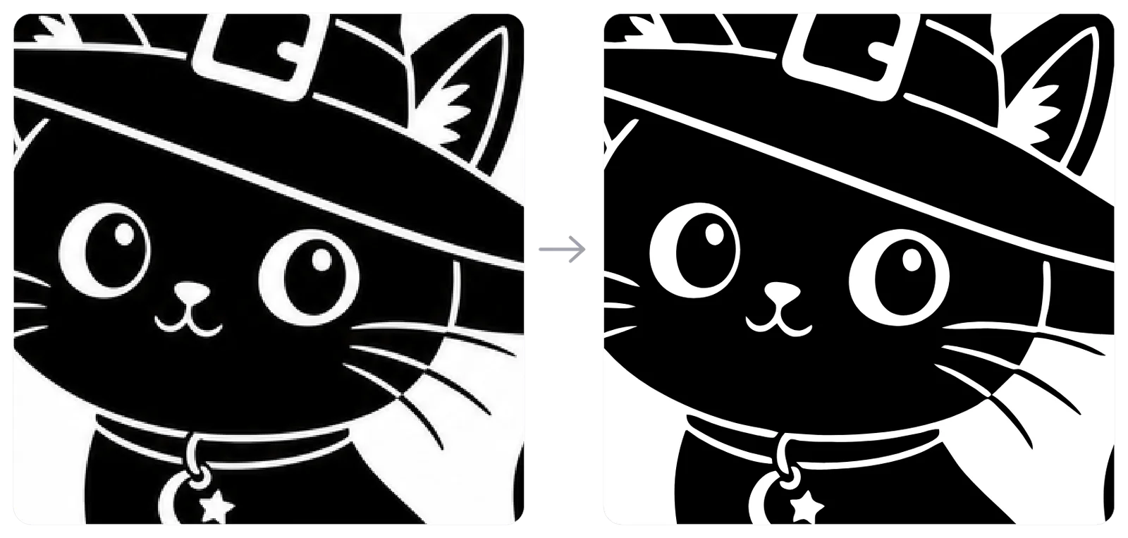 Close-up of a black and white cat line drawing: the original image next to the smooth SVG
