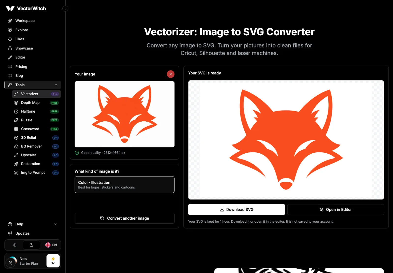 The Vectorizer page showing a fox logo converted to SVG
