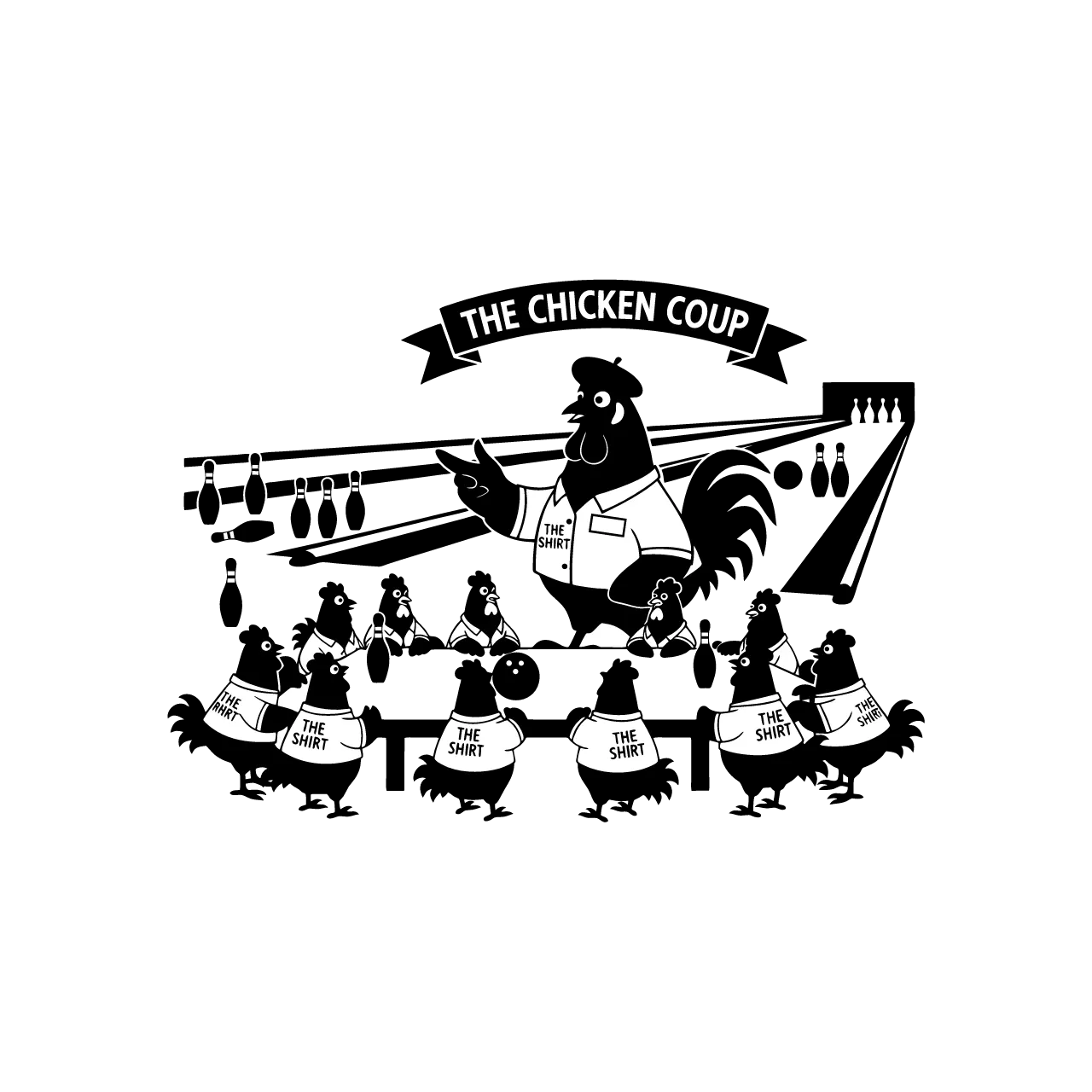 chickens partying around a table at a bowling alley wearing boowling shirts with name the shitr. a rooster wearing a bowling shirt with a name tag wearing a beret acting like he is in charge. A banner haning saaying
"the Chcken Coup