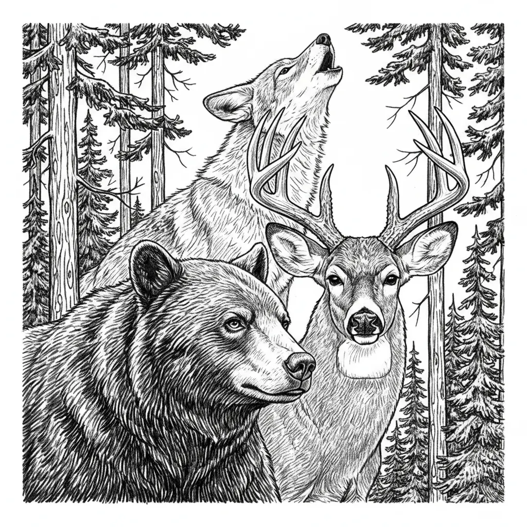 Realistic white tail buck with a black bear in the foreground. From the shoulders up. Put a realistic coyote in the back ground howling. Frame entire image with pine trees.