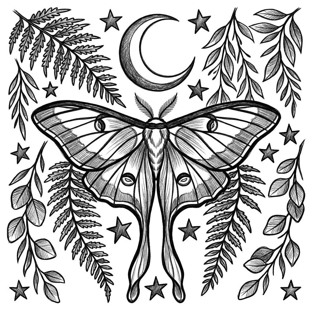 A luna moth with spread wings, surrounded by a crescent moon, stars and hanging botanical sprigs.