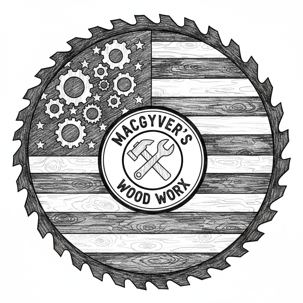 Saw blade American flag MacGyver's Wood Worx logo