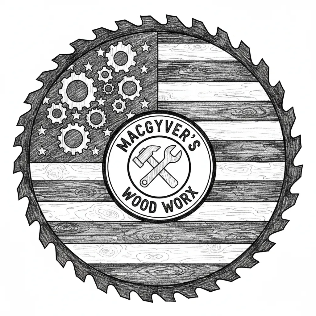 Saw blade American flag MacGyver's Wood Worx logo