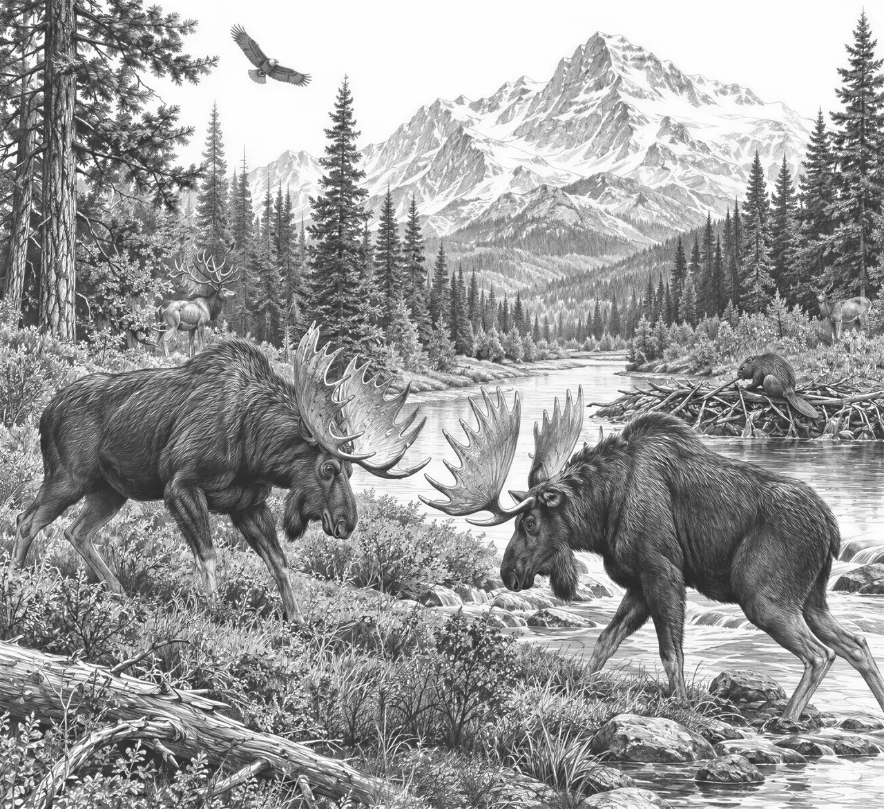 I want a moose, standing on the side of a creek, getting ready to fight with another bull during the mating season with a beautiful large trees, background and beautiful mountains, and also up the river, a small Beaver Dam with a beaver, fixing his van and threw in a few other wildlife if you’d like