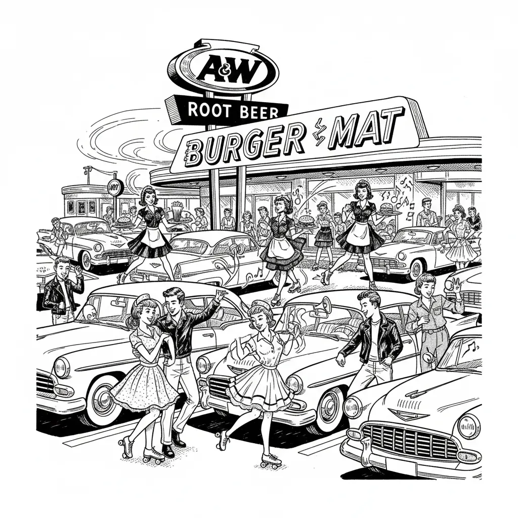 1950s total of A&W drive-in burger place with waitresses, delivering on rollerblades young teenagers standing in the background around their cars, dancing to the music that’s playing on the speaker speakers hanging off of their cars
