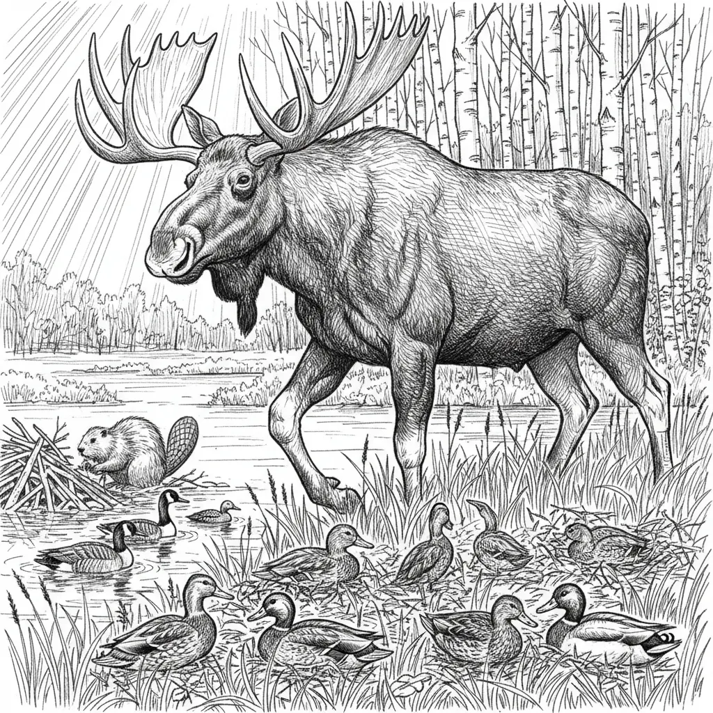 A giant bull moose, walking the shoreline of a marsh while the mallard ducks are building their nests in the long grass with a nice birch ridge in the background with the sun shining down has the beaver to the left of the pond is working on ceiling, his damn And swimming by or a couple of the CANADA goose with a loon not too far behind