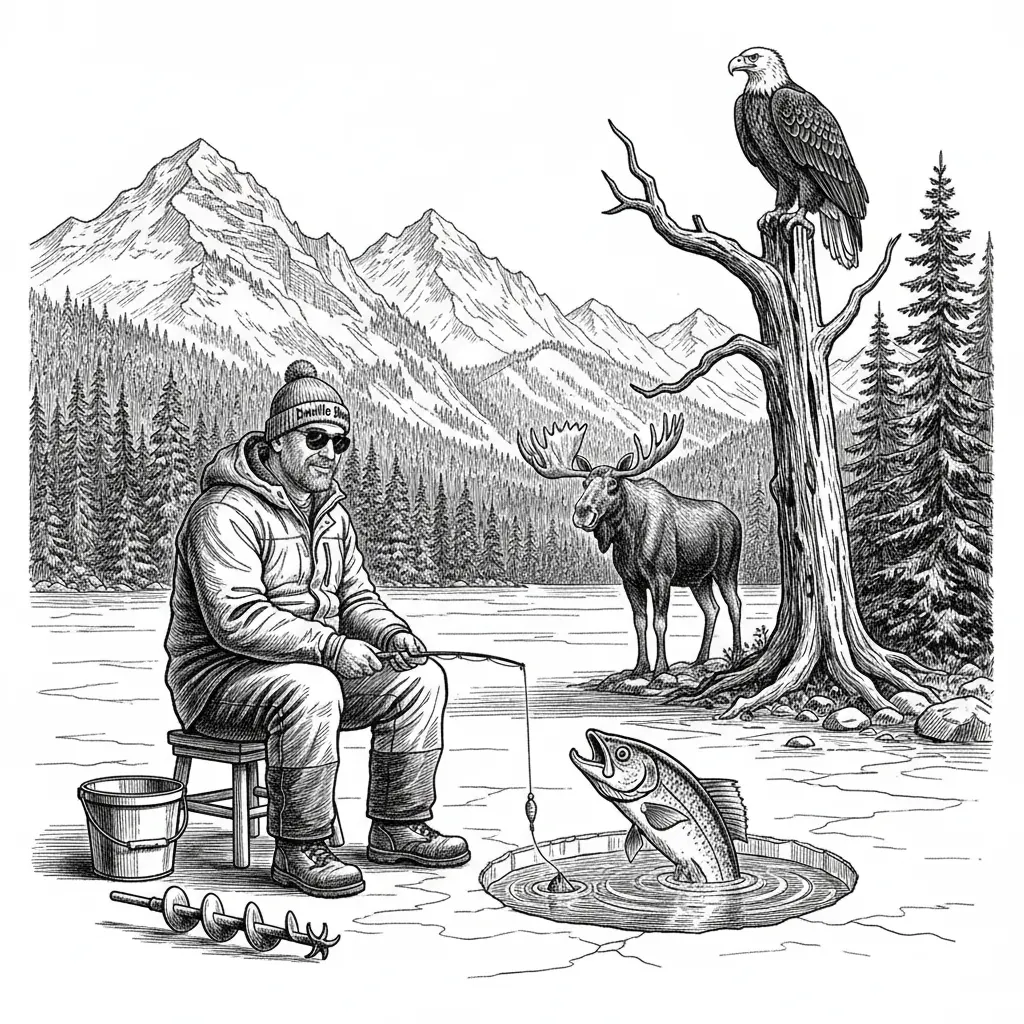 Put me on the ice ice fishing wearing my Danielle boom hat, showing the fish on the other side, trying to get to my bait with a beautiful mountain background and luscious force with a big bull moose on the shore on the opposite side, staring down the lake to see what’s going on and nearby up on top of an old dead trees. There’s a big bowl that an eagle trying to see if I’m gonna catch my dinner.
