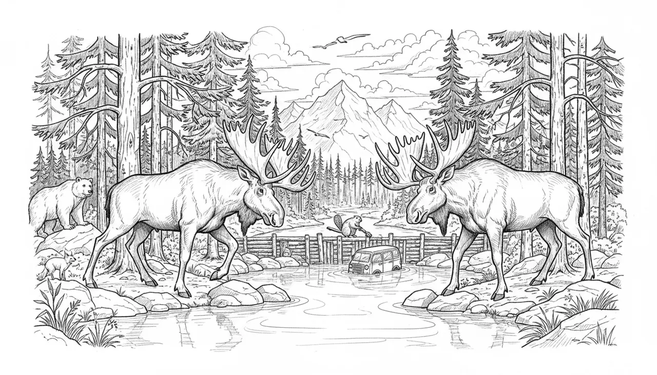 I want a moose, standing on the side of a creek, getting ready to fight with another bull during the mating season with a beautiful large trees, background and beautiful mountains, and also up the river, a small Beaver Dam with a beaver, fixing his van and threw in a few other wildlife if you’d like