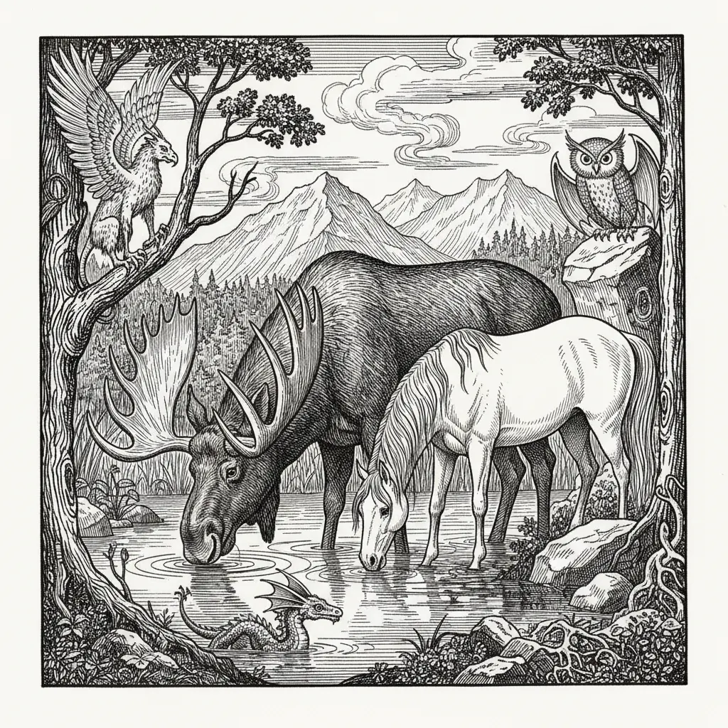 I want a photo of a bull moose on the edge of a marsh, having a drink with a beautiful horse in mountain background and other odd creatures in the area