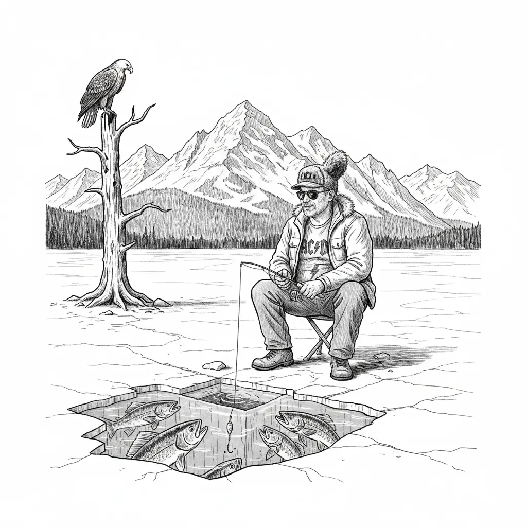 Put me on the lake ice fishing with a beautiful mountain background clear skies with my Daniel boom hat also showing the fish under the ice in the water trying to catch my bait as of all legal sits on the shore at the top of an old dead tree staring down watching me fish