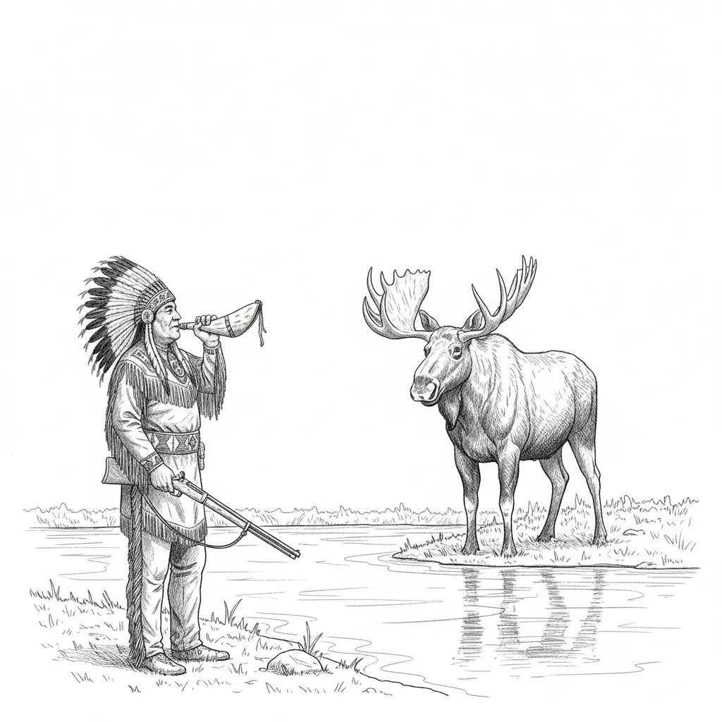 Put him standing by a pond moose calling and a big bull moose on the other shore line holding his moose caller in one hand and his gun in the othe