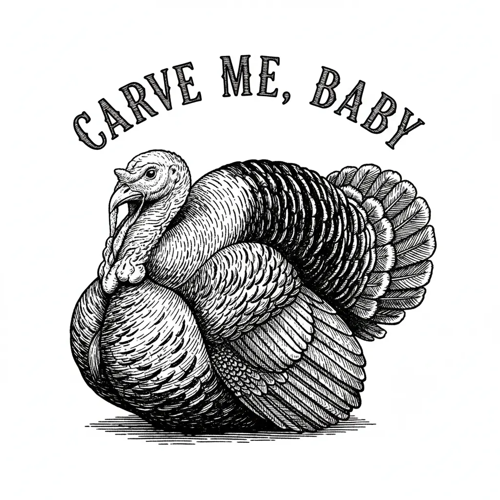 A turkey with the text written at the top that says carve me, baby
