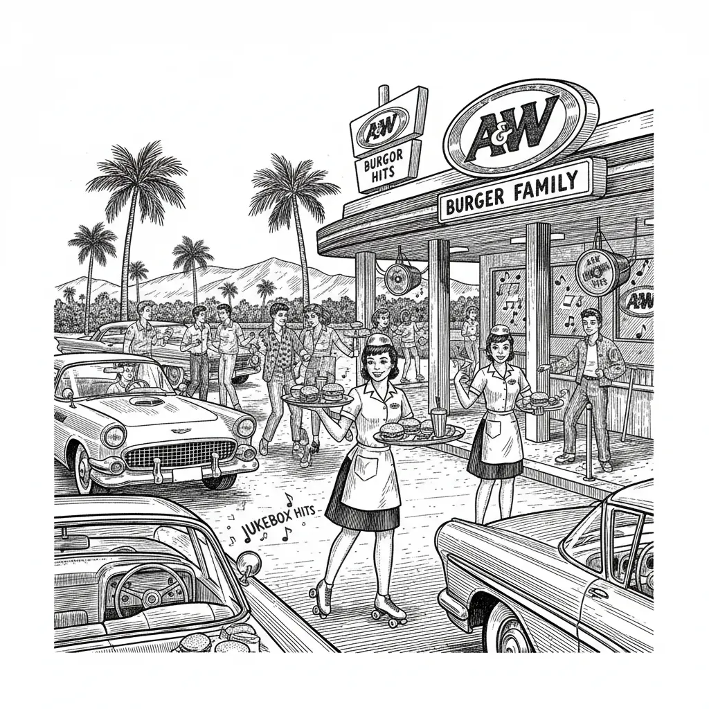 1950s total of A&W drive-in burger place with waitresses, delivering on rollerblades young teenagers standing in the background around their cars, dancing to the music that’s playing on the speaker speakers hanging off of their cars