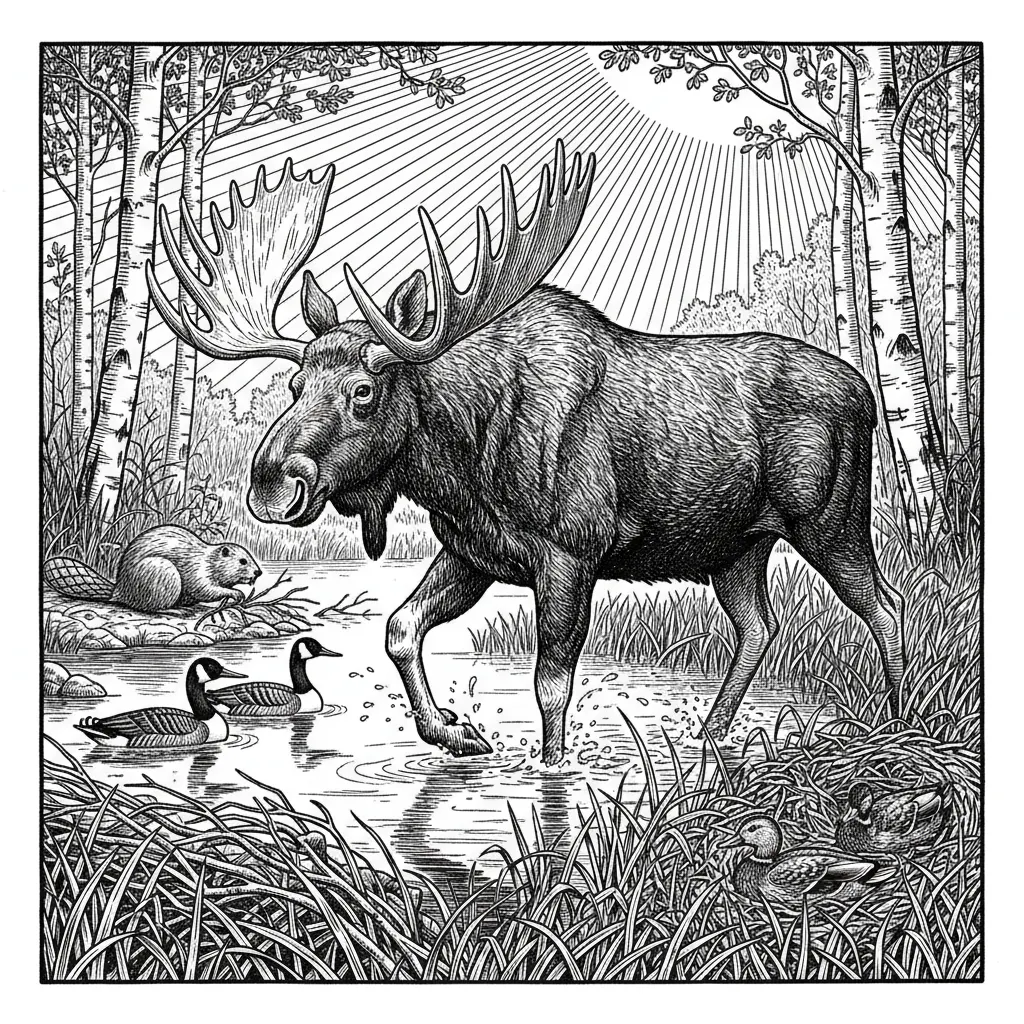 A giant bull moose, walking the shoreline of a marsh while the mallard ducks are building their nests in the long grass with a nice birch ridge in the background with the sun shining down has the beaver to the left of the pond is working on ceiling, his damn And swimming by or a couple of the CANADA goose with a loon not too far behind