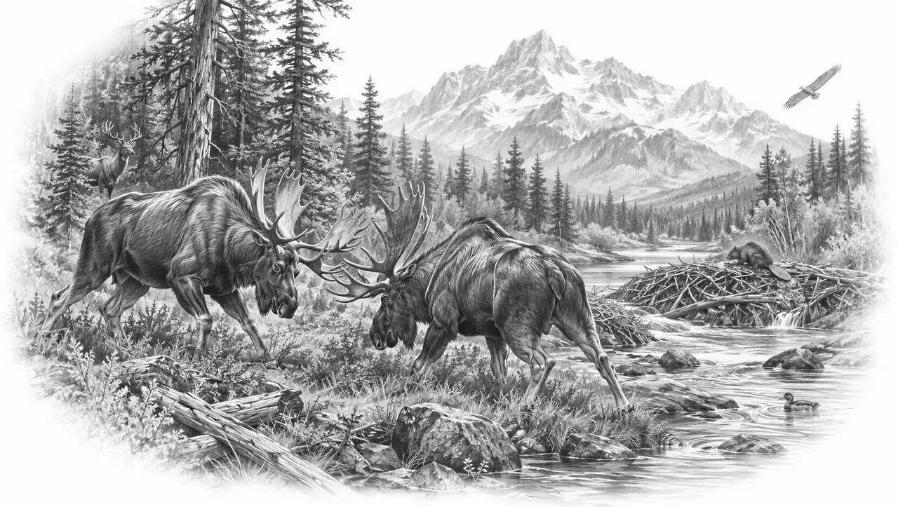 I want a moose, standing on the side of a creek, getting ready to fight with another bull during the mating season with a beautiful large trees, background and beautiful mountains, and also up the river, a small Beaver Dam with a beaver, fixing his van and threw in a few other wildlife if you’d like, I do not want straight edges. I wanted to fade out.