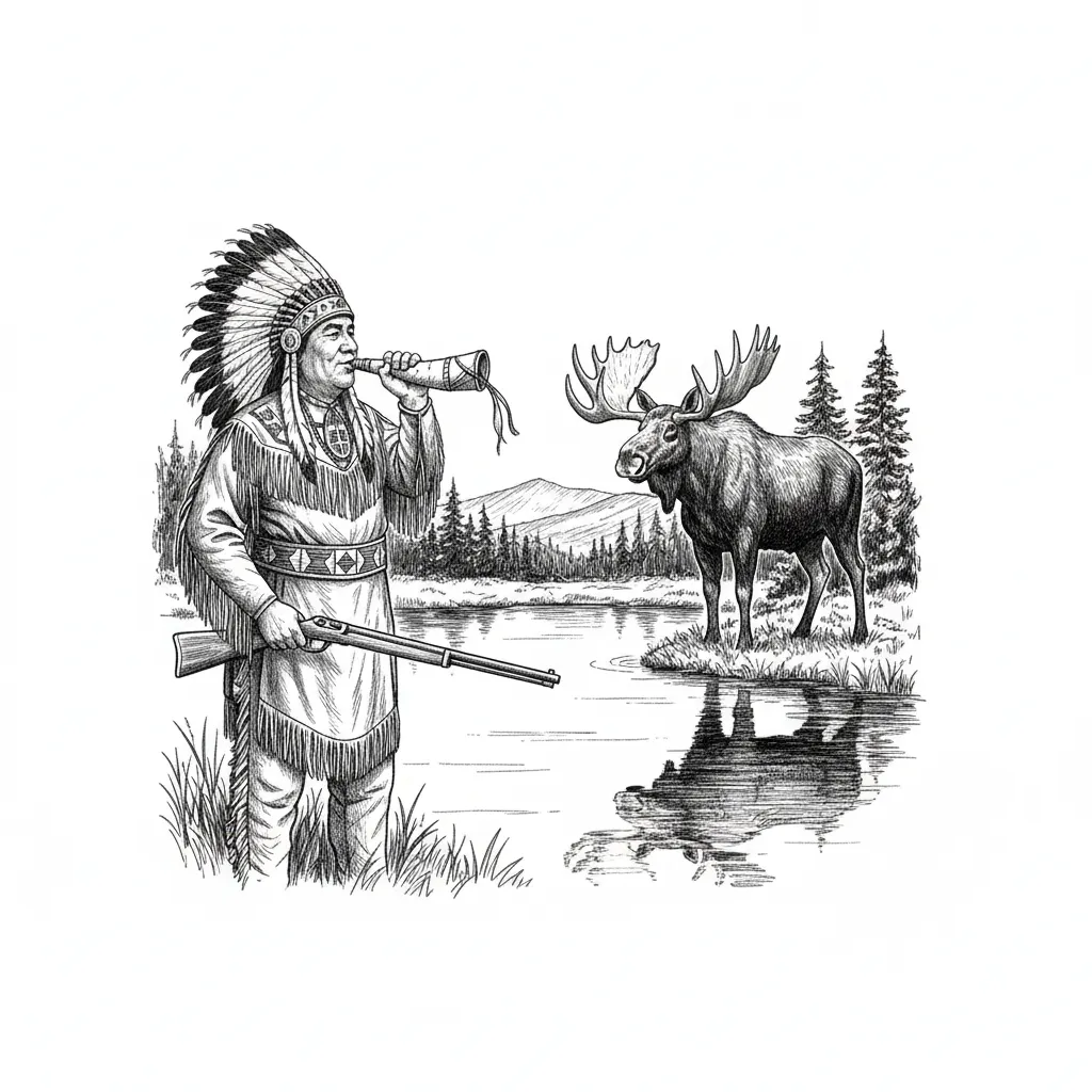 Put him standing by a pond moose calling and a big bull moose on the other shore line holding his moose caller in one hand and his gun in the othe