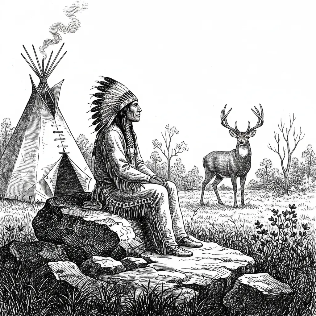 The Native American sitting on a rock beside his TP, looking at a deer from a distance