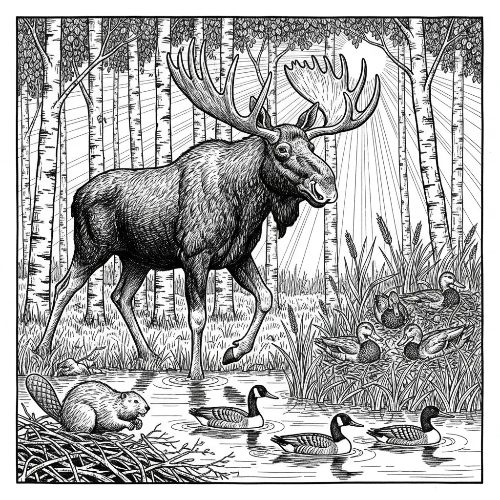 A giant bull moose, walking the shoreline of a marsh while the mallard ducks are building their nests in the long grass with a nice birch ridge in the background with the sun shining down has the beaver to the left of the pond is working on ceiling, his damn And swimming by or a couple of the CANADA goose with a loon not too far behind