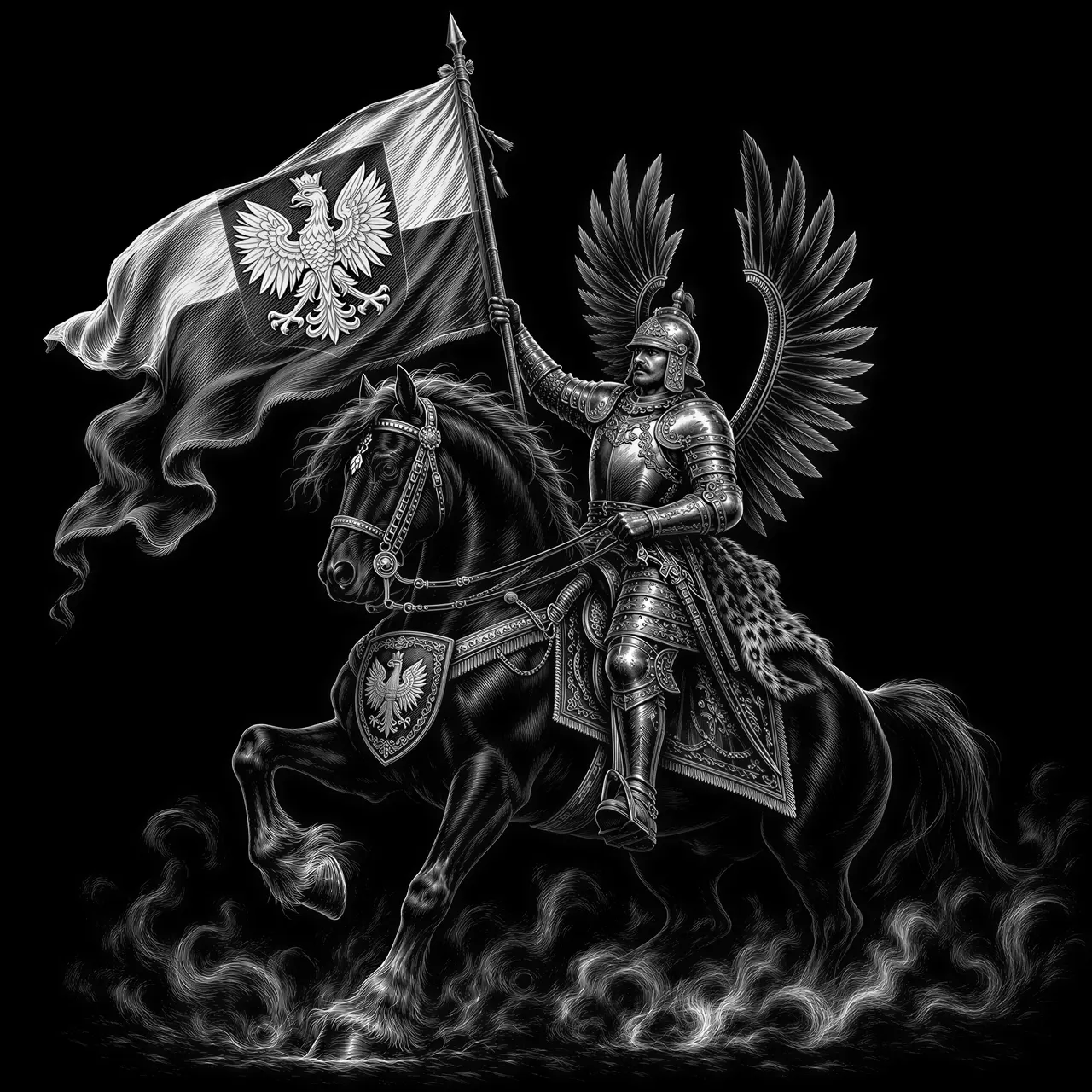 A heroic Polish Winged Hussar in detailed silver armor, with prominent black wings, rides a majestic black horse adorned with a Polish eagle shield. He proudly holds a flowing Polish flag, featuring the white eagle emblem, against a stark white background with subtle grey smoke at the bottom. Dynamic digital painting, dramatic lighting, full body shot, powerful and patriotic mood.