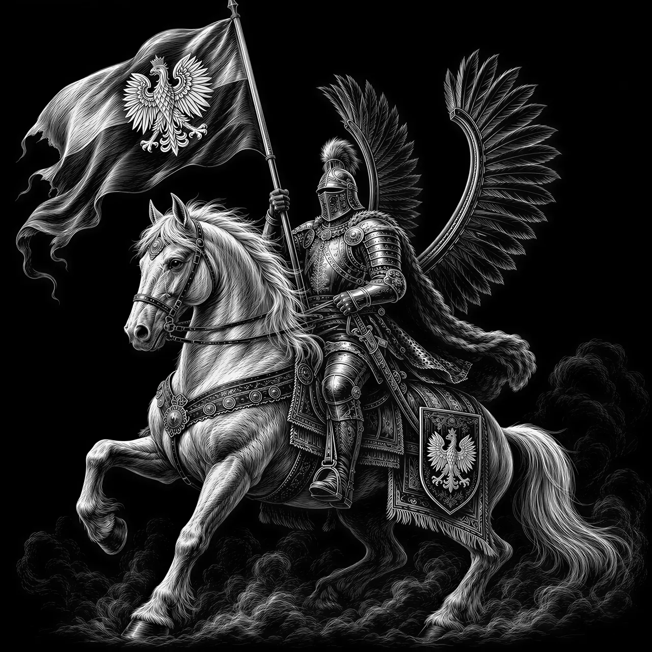 A heroic Polish Winged Hussar in detailed silver armor, with prominent black wings, rides a majestic white horse adorned with a Polish eagle shield. He proudly holds a flowing Polish flag, featuring the white eagle emblem, against a stark white background with subtle grey smoke at the bottom. Dynamic digital painting, dramatic lighting, full body shot, powerful and patriotic mood and historically accurate