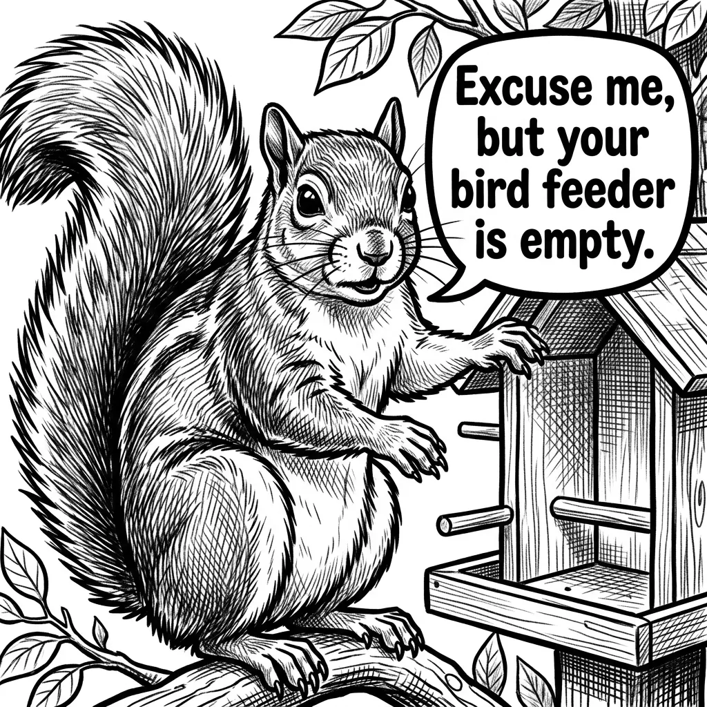 A squirrel saying, Excuse me, but your bird feeder is empty. 
Enhance photo for laser engraving