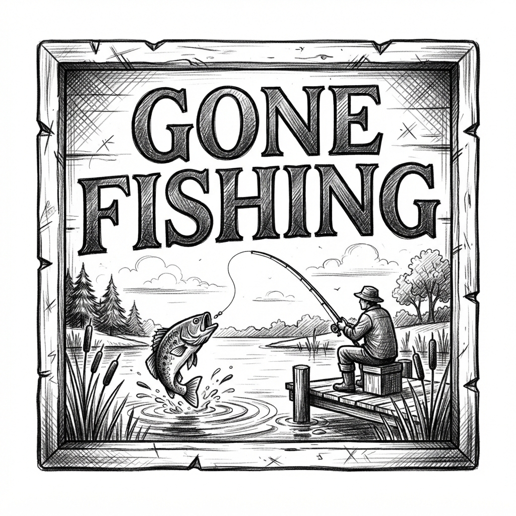 Create a wall sign saying Gone Fishing