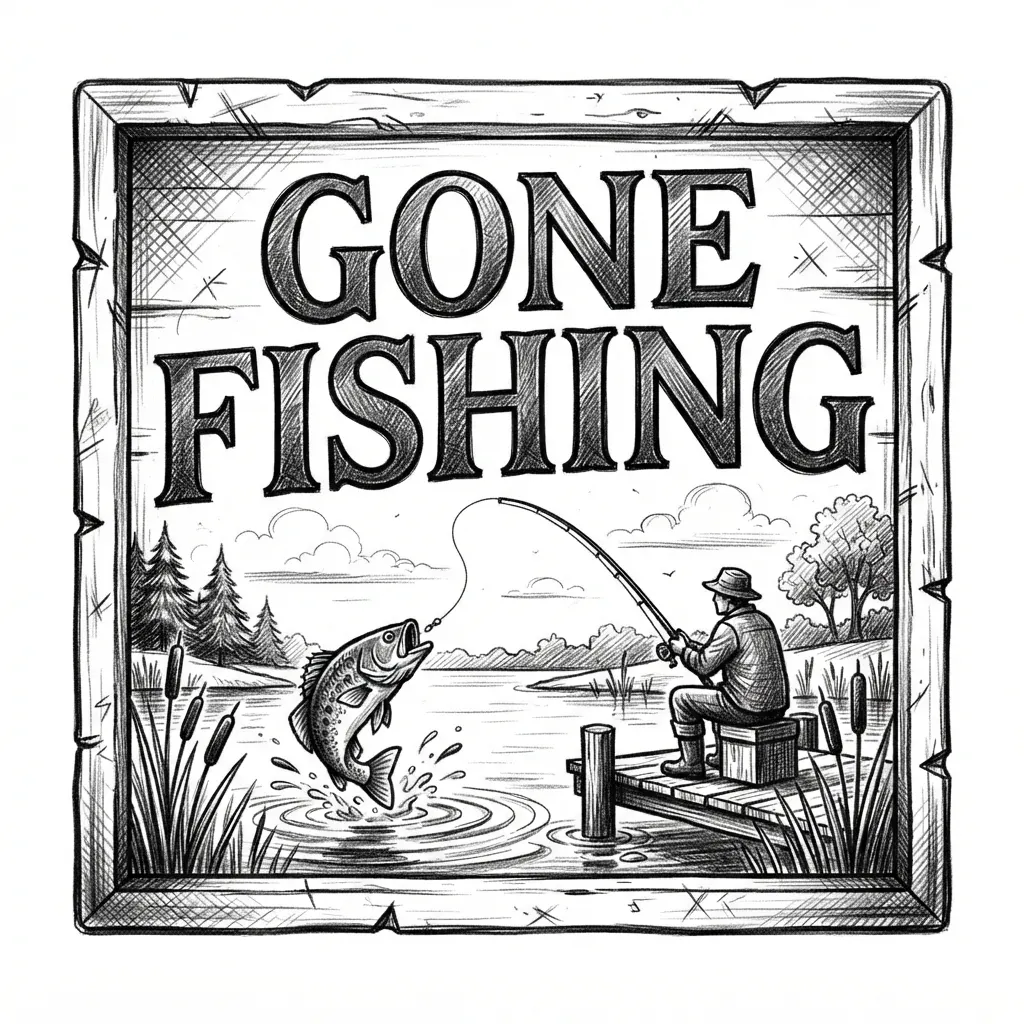 Create a wall sign saying Gone Fishing