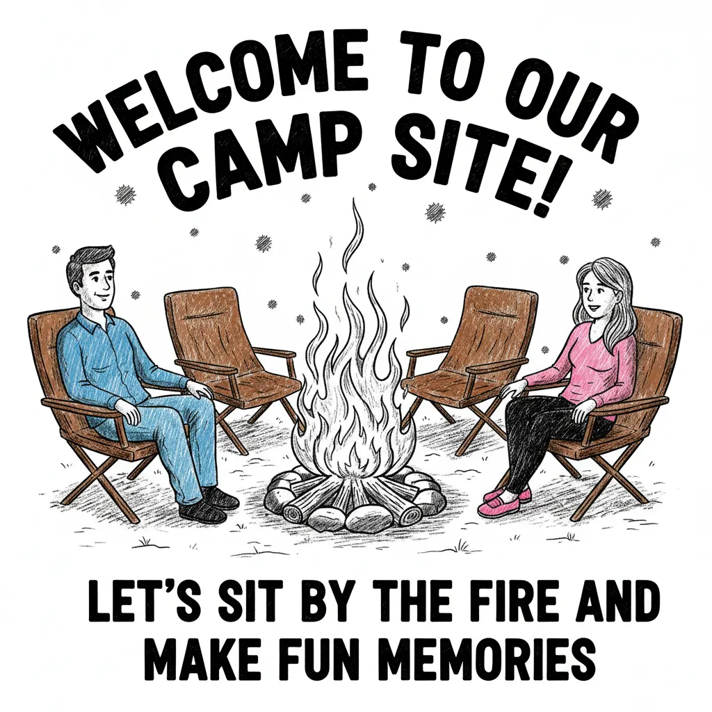 Make a picture of a camp fire with chairs around and a man and woman sitting around the campfire. It needs to say. "Welcome to our Camp Site! Let's sit by the fire and make fun memories." The man needs to be wearing a blue shirt and blue jeans the woman a pink shirt with black leggings. The chairs need to be brown colored.