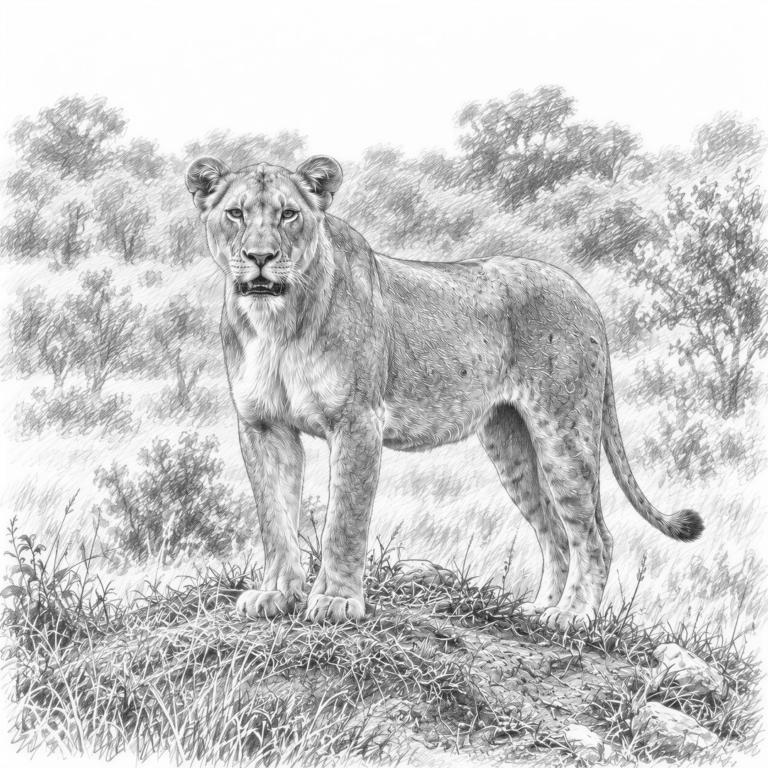 Lioness Standing Pencil Sketch Savanna Wildlife - Téléchargement PNG ...