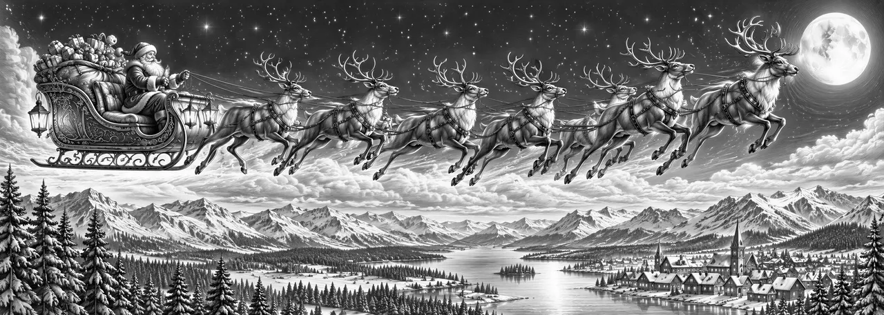Create an ultra-wide, panoramic black-and-white vector engraving of an epic Christmas night landscape. In the sky, Santa Claus flies across the entire panorama in an ornate sleigh pulled by a team of powerful reindeer in dynamic motion, each one uniquely detailed with muscles, fur texture, and wind-swept movement. The sleigh should glow with lanterns (indicated by subtle line-based highlights) and contain a large, overflowing sack of gifts illustrated with rich cross-hatching.