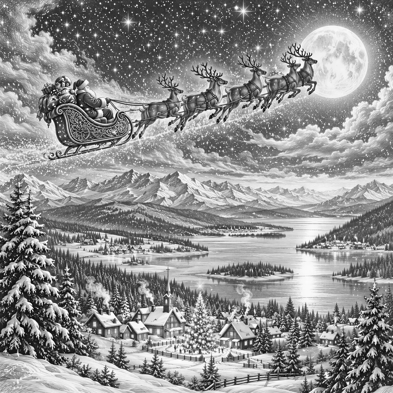 Below Santa, depict a sweeping winter valley stretching across the whole width: snow-covered pine forests, rolling hills, frozen lakes reflecting moonlight, distant mountain ranges, and tiny villages with softly illuminated windows. Include one central village with multiple houses, chimneys releasing delicate smoke, wooden fences, and a large, decorated Christmas tree glowing through engraving-line shimmer effects. Fill the sky with an ultra-rich star field, swirling clouds, a radiant full moon, and gentle snowfall rendered with a mix of stippling and micro-lines. Add atmospheric depth using layered shading — foreground darker and richer, background lighter with fine line density. Use classic engraving techniques: cross-hatching, stippling, directional line shading, micro-texture, and varied line weight. No gray fills — only pure vector linework. The final composition must feel cinematic, majestic, magical, and extremely detailed across the entire 90 cm width, optimized for high-resolution laser engraving