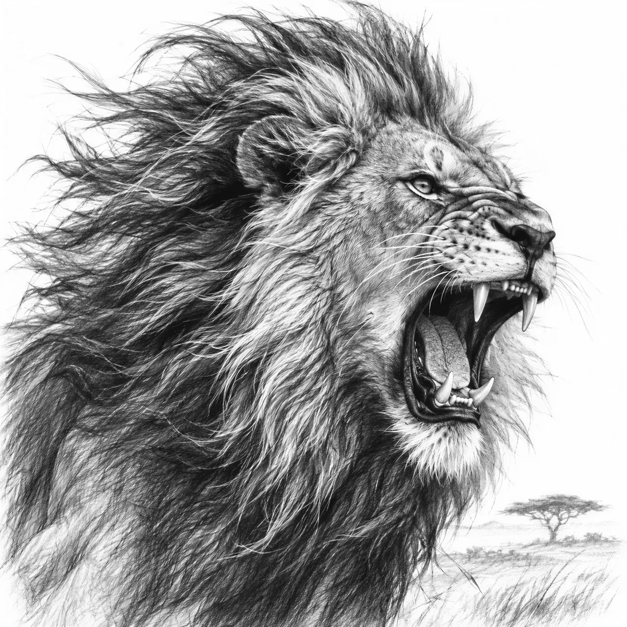 Envision a dynamic, expressive charcoal sketch depicting a lion mid-roar, its mane flowing wildly in a phantom wind. The sketch style should be loose yet incredibly detailed, focusing on the muscle tension in the lion's face and neck, and the texture of its fur. Dramatic shadows and highlights, achieved through varied pressure and smudging, will emphasize the creature's ferocity and grace. The background should be minimal, perhaps suggesting a savanna, allowing the lion's powerful form to dominate the composition. This piece should feel visceral and alive, capturing a fleeting moment of pure, untamed strength.