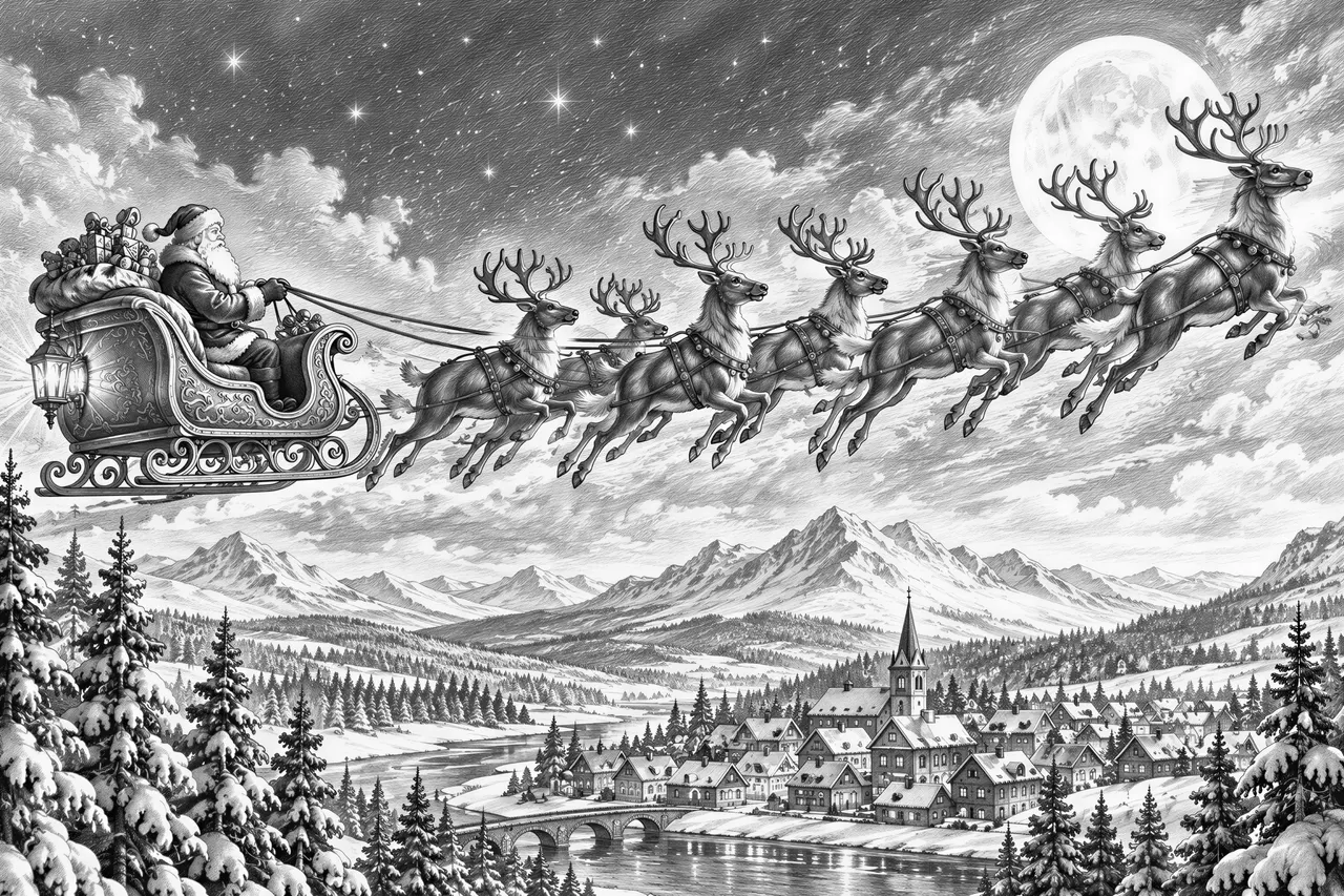 Create a black-and-white vector engraving of an epic Christmas night landscape. In the sky, Santa Claus flies across the entire panorama in an ornate sleigh pulled by a team of powerful reindeer in dynamic motion, each one uniquely detailed with muscles, fur texture, and wind-swept movement. The sleigh should glow with lanterns (indicated by subtle line-based highlights) and contain a large, overflowing sack of gifts illustrated with rich cross-hatching.
