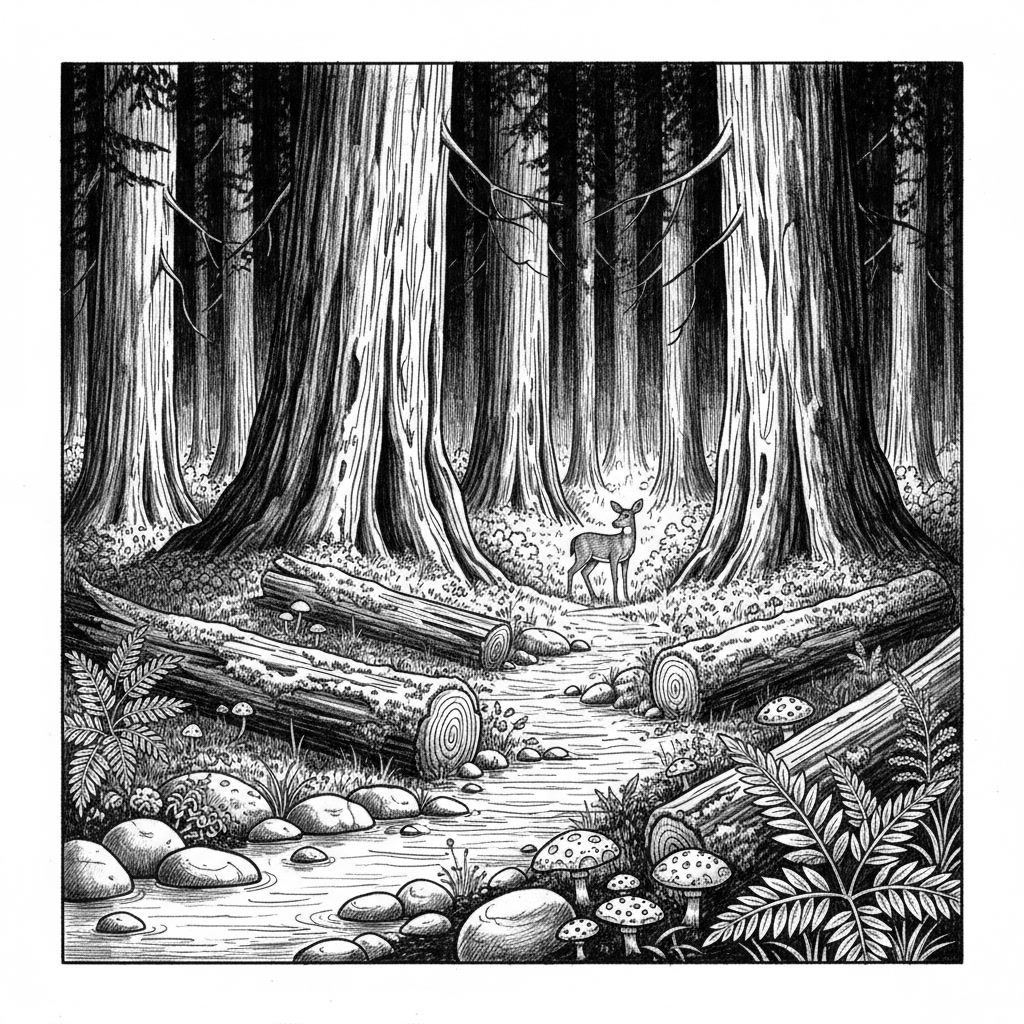 Black and white vector style. Ancient redwood trees reaching - Free PNG ...