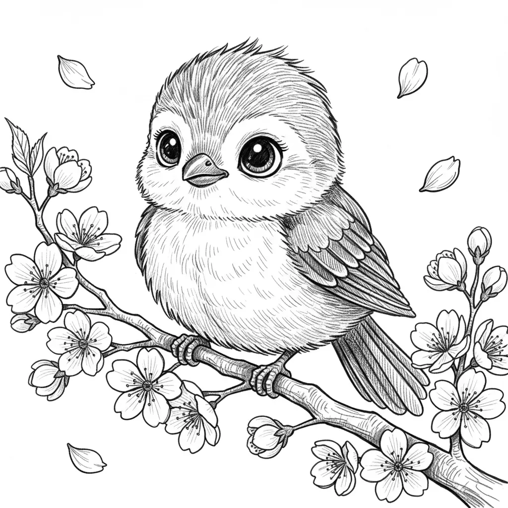 A sweet kawaii baby bird with golden-yellow fluff, pale blue belly, and twinkling eyes, sitting on a blooming cherry blossom branch, petals drifting in the breeze, painted in delicate anime watercolor style, soft pink and sky-blue palette, shallow depth of field effect.