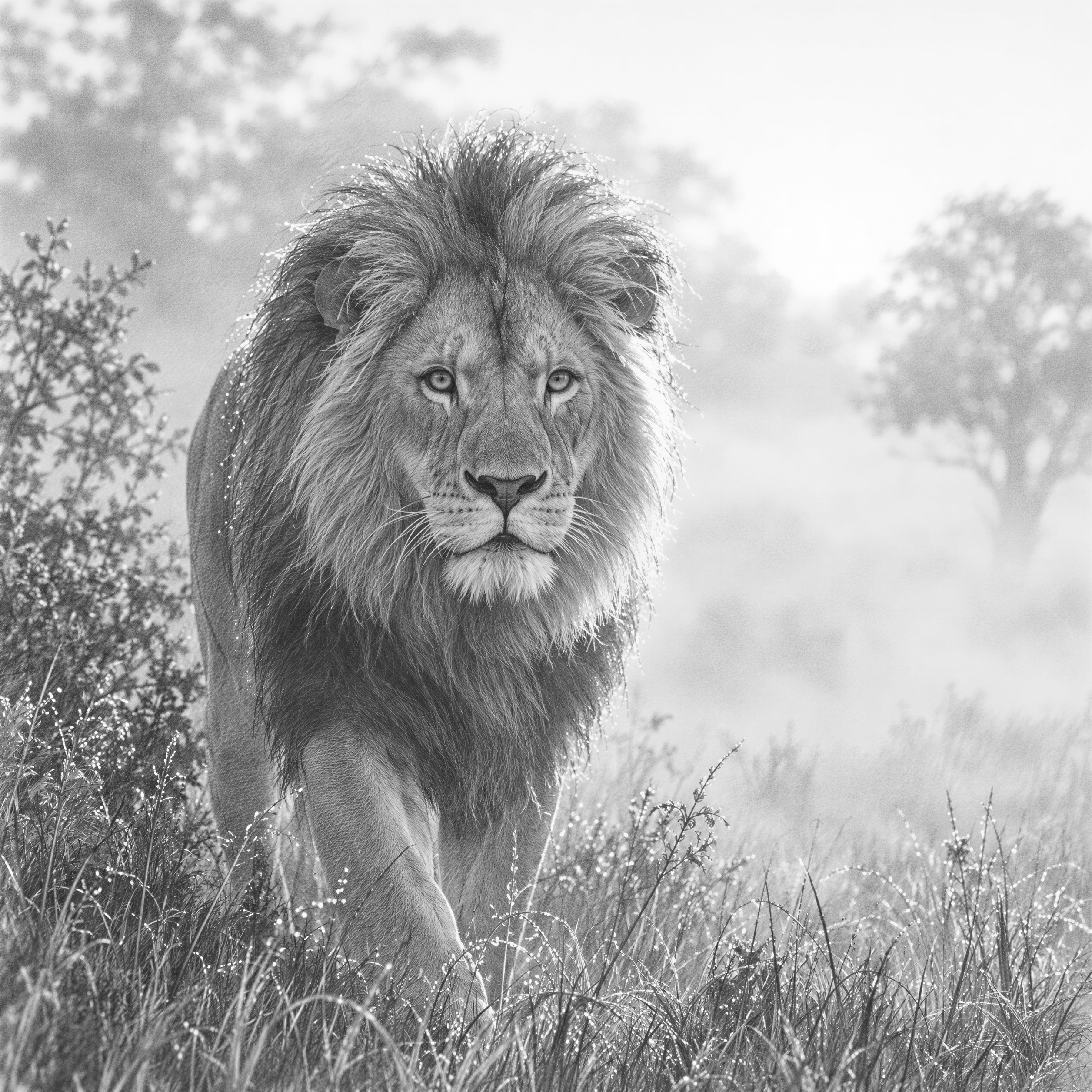 A solitary lion emerging from early morning mist in a grassy - Free PNG ...