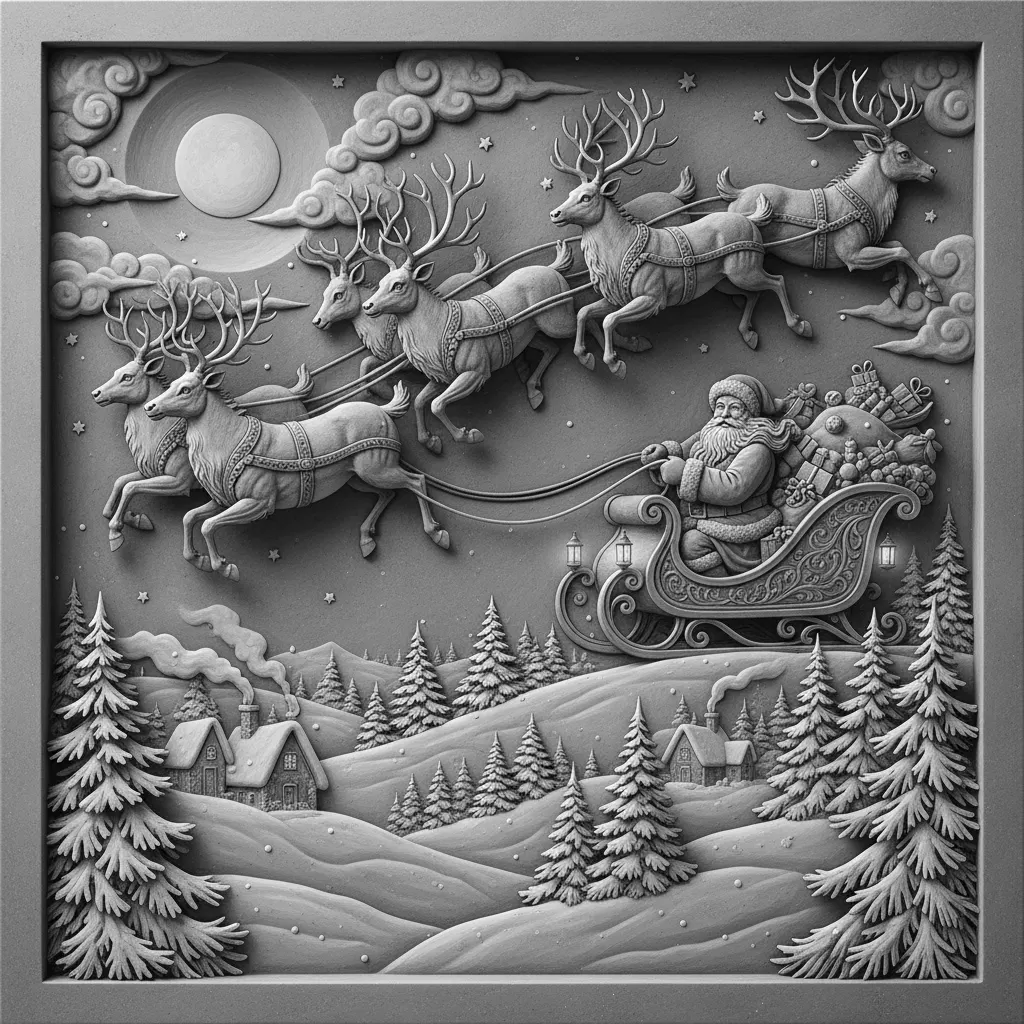 Create a black-and-white vector engraving of an epic Christmas night landscape. In the sky, Santa Claus flies across the entire panorama in an ornate sleigh pulled by a team of powerful reindeer in dynamic motion, each one uniquely detailed with muscles, fur texture, and wind-swept movement. The sleigh should glow with lanterns (indicated by subtle line-based highlights) and contain a large, overflowing sack of gifts illustrated with rich cross-hatching.