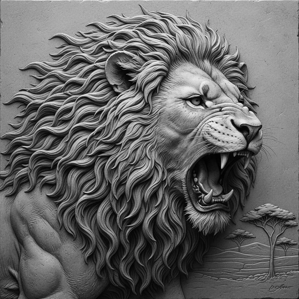 Envision a dynamic, expressive charcoal sketch depicting a lion mid-roar, its mane flowing wildly in a phantom wind. The sketch style should be loose yet incredibly detailed, focusing on the muscle tension in the lion's face and neck, and the texture of its fur. Dramatic shadows and highlights, achieved through varied pressure and smudging, will emphasize the creature's ferocity and grace. The background should be minimal, perhaps suggesting a savanna, allowing the lion's powerful form to dominate the composition. This piece should feel visceral and alive, capturing a fleeting moment of pure, untamed strength.